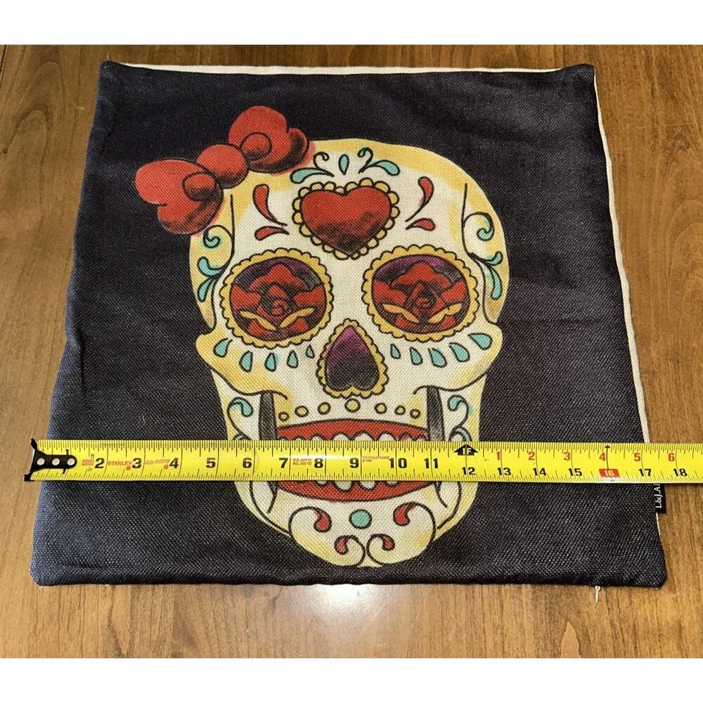 Day of the Dead Sugar Skull Black Red Bow Pillow Cover Diade Muertos 17 X17